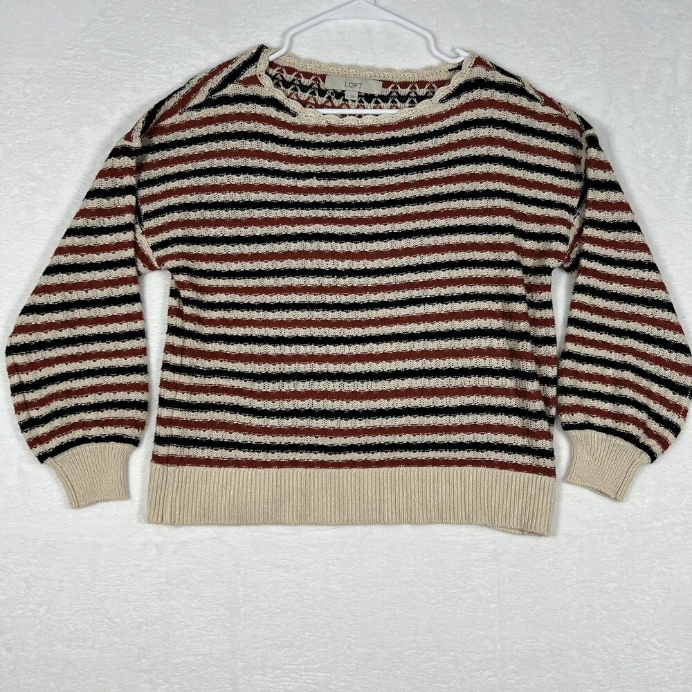 LOFT Sweater Womens Size S Striped Crochet Knit Crew Neck Boho Pullover